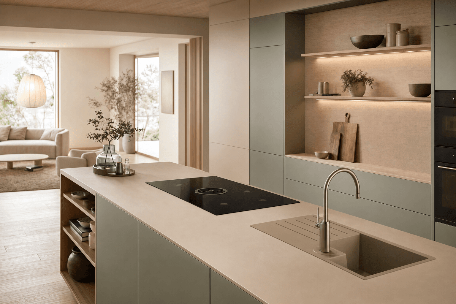 Cuisine Hygge en implantation ouverte.