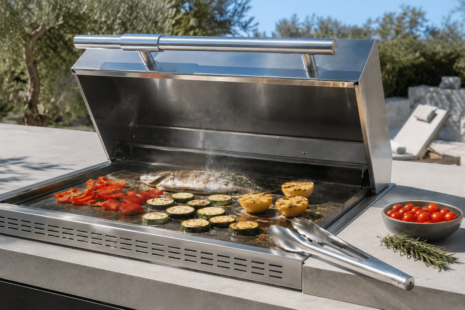 Plancha en fonctionnement avec légumes et poisson grillés, cuisine d'été