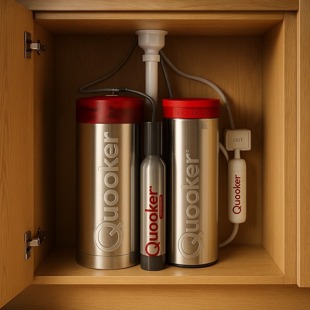 Accessoire Quooker CUBE installé sous un évier LEICHT
